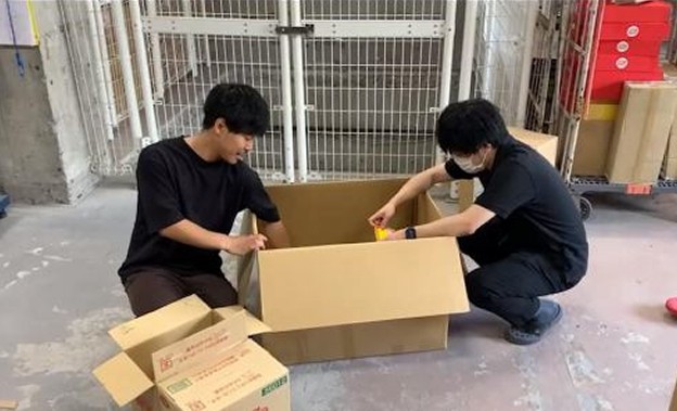 Two employees packing products into cardboard boxes