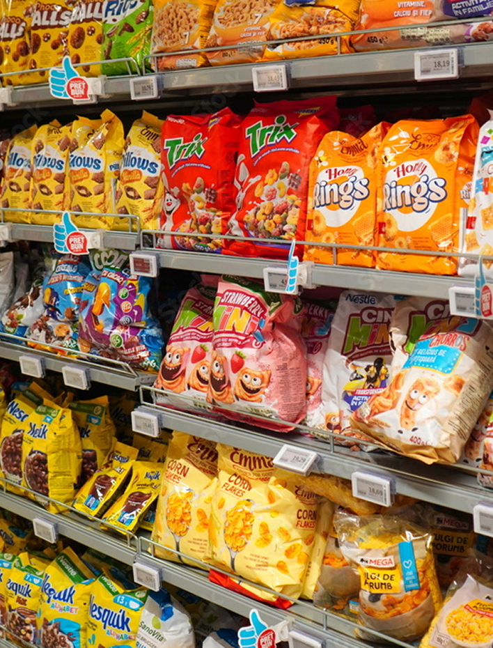 Assorted snacks on display at a supermarket